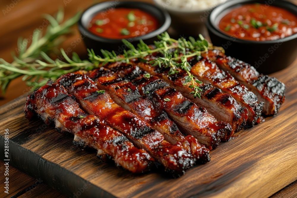 Texas barbecue sliced on a wooden table on a blurred background Texas barbecue sliced on a wooden table on a blurred background