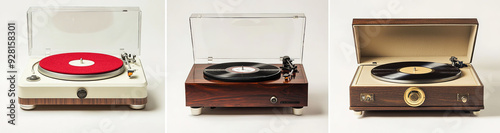Variety of vinyl record players: a retro white plastic turntable with wooden base and red velvet cover, a sophisticated brown wood-grained model with cream paint and brass accents, and an elegant beig