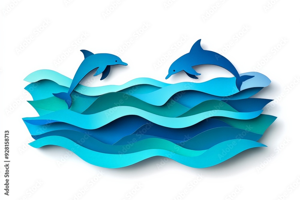 Paper art of two dolphins playing in the ocean waves, showcasing a layered design in shades of blue, perfect for marine-themed projects. Paper art of two dolphins playing in the ocean waves, showcasing a layered design in shades of blue, perfect for marine-themed projects.