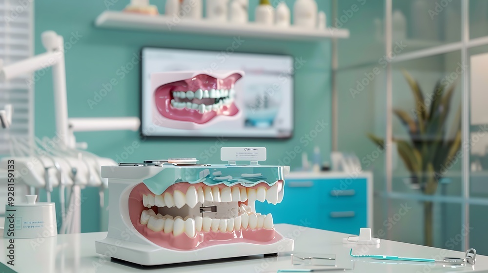 Close-up of a dental model on a table in a dentist's office. The model shows a set of teeth with an implant.