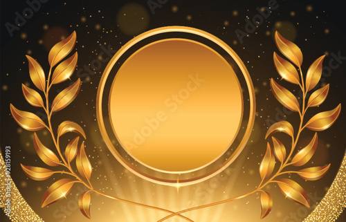 Golden laurel wreath award isolated on black background. Vector realistic illustration of winner medal shining in yellow plant frame, shimmering particles and light rays effect, round champion emblem