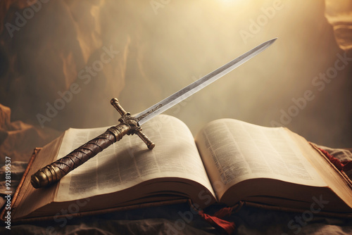 Bible sword concept,As the pages of the bible turn, a sword materializes, its handle wrapped in leather and its blade etched with ancient runes, a symbol of strength and faith in the face of darkness.