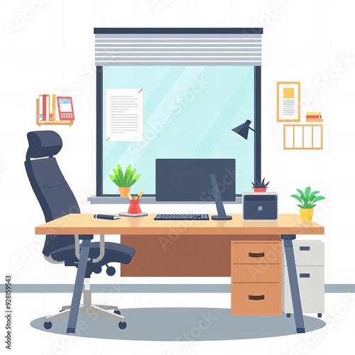 a cartoon of a desk with a computer and a chair.