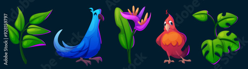 Tropical birds and plants set isolated on black background. Vector cartoon illustration of cute blue and red parrots, green tropical branches with leaves and purple flower, rainforest design elements
