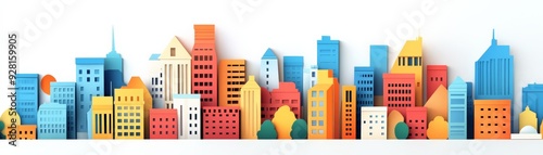 Colorful paper cutout cityscape featuring various buildings and skyscrapers, ideal for creative urban concept designs.