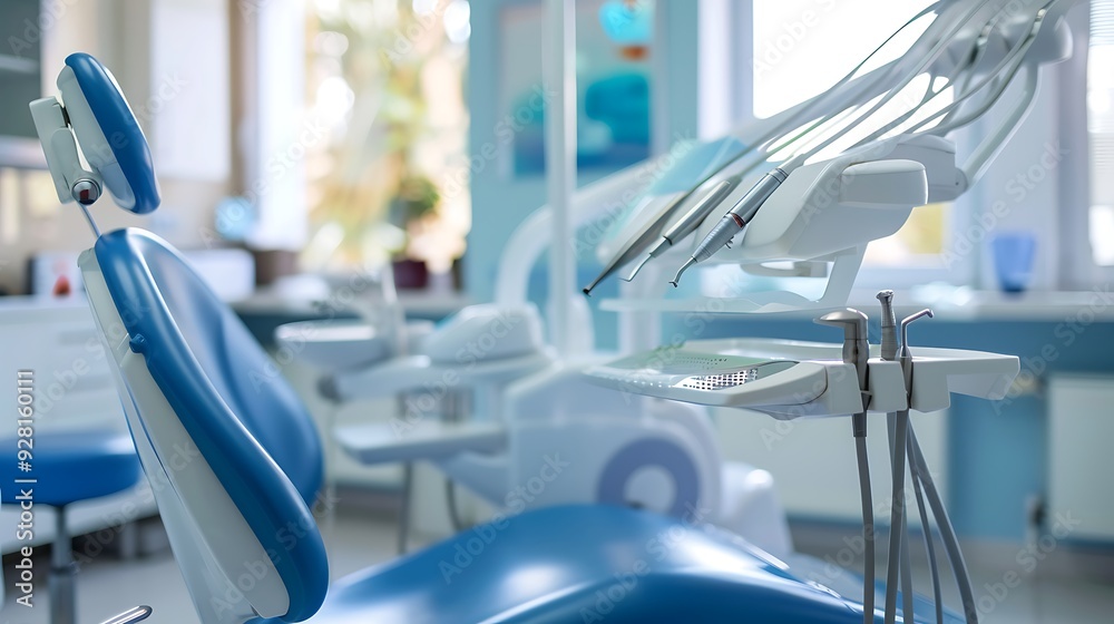 Fototapeta premium Modern dental chair with its instruments and equipment, showcasing a clean and professional environment for dental care.