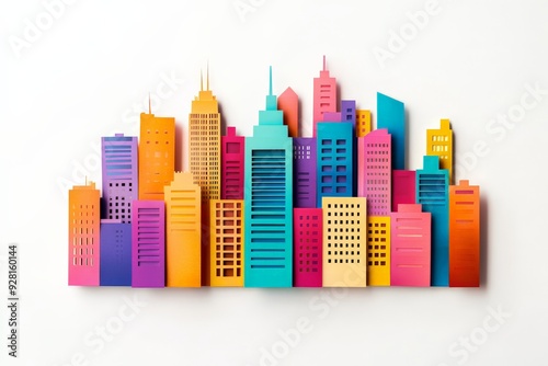 Colorful paper craft city skyline with various skyscrapers and buildings, showcasing vibrant urban architecture on a white background.