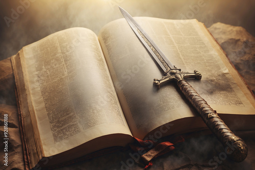 Bible sword concept,As the pages of the bible turn, a sword materializes, its handle wrapped in leather and its blade etched with ancient runes, a symbol of strength and faith in the face of darkness.