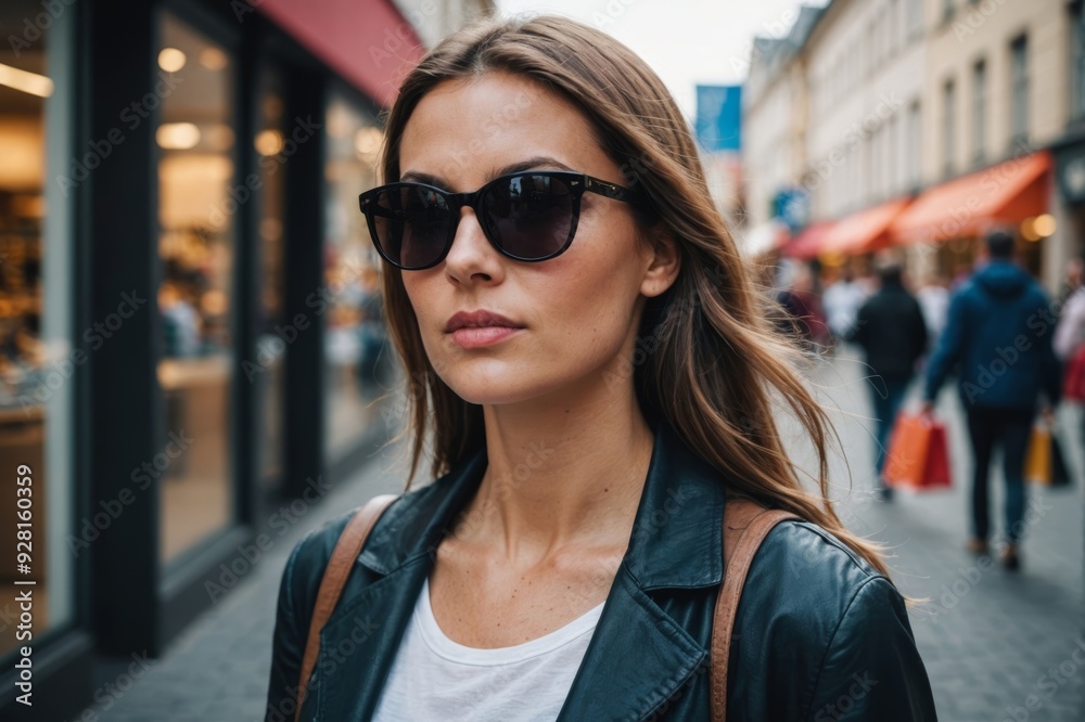 Woman wearing dark sunglasses in shopping Woman wearing dark sunglasses in shopping