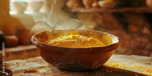 Traditional Mexican Cuisine Nixtamalized Corn Dough in an Authentic Clay Bowl photo