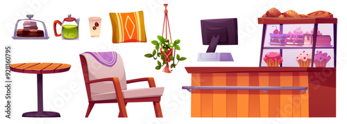 Coffee and bakery shop or cafe interior elements. Cartoon vector cafeteria interior furniture and sweet desserts - table with armchair, wooden counter bar with cakes in glass showcase, tea pot and cup