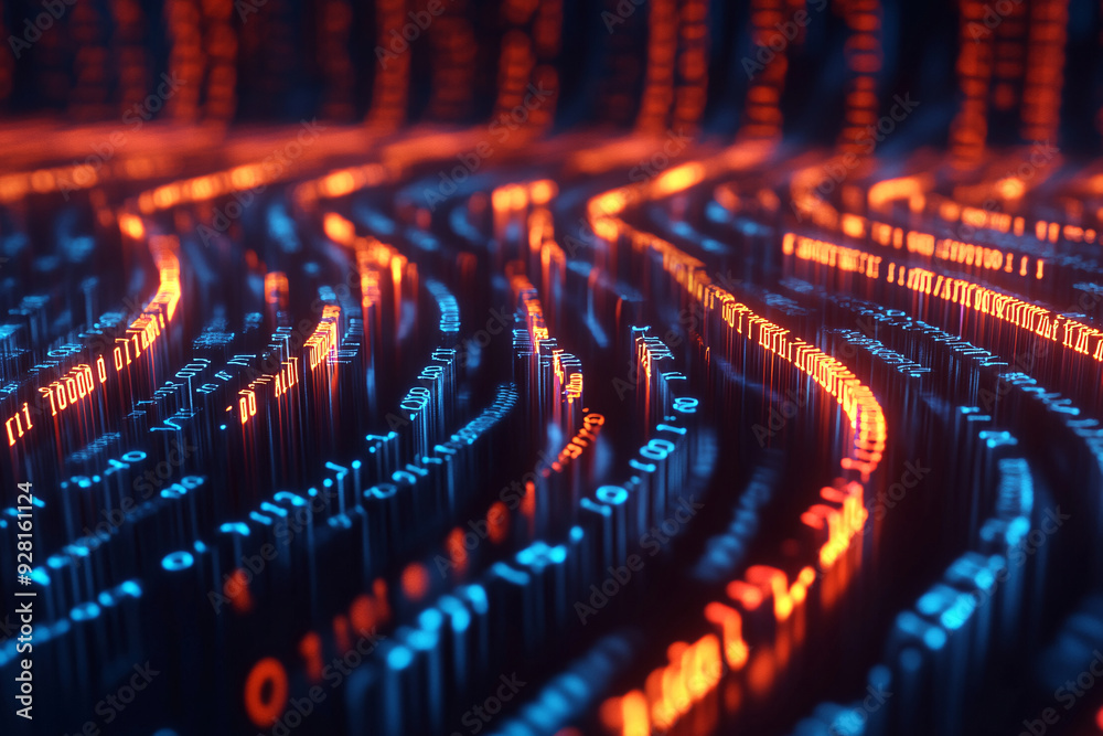 Fototapeta premium Flowing lines, binary code, and network connections create an abstract representation of big data