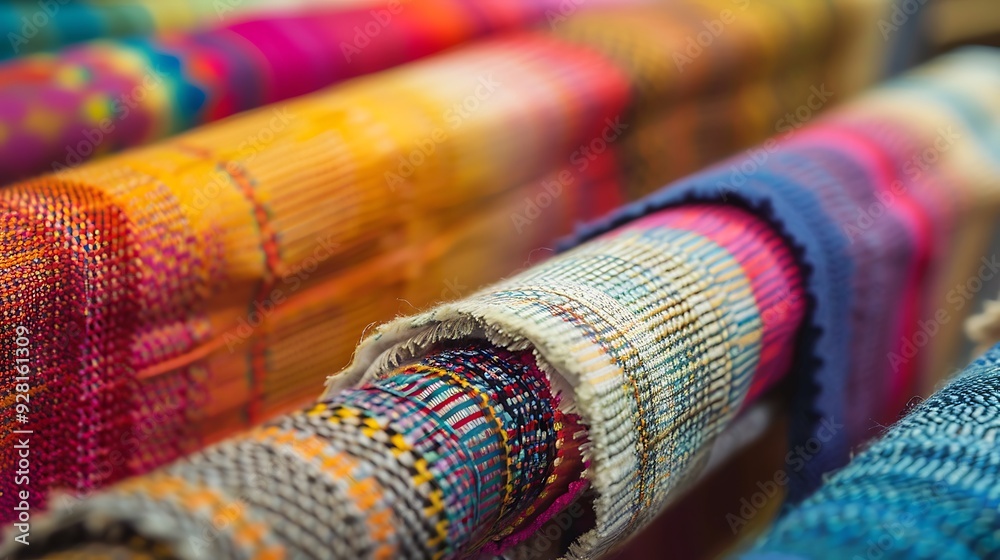 Close up shot of colorful fabric rolls, showing the textures, patterns, and bright colors of the textiles. Close up shot of colorful fabric rolls, showing the textures, patterns, and bright colors of the textiles.