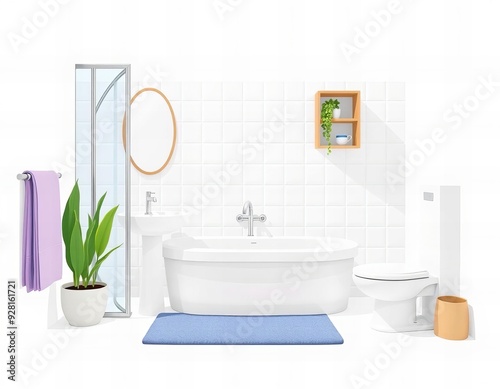 there is a bathroom with a bathtub, toilet, and a plant. photo