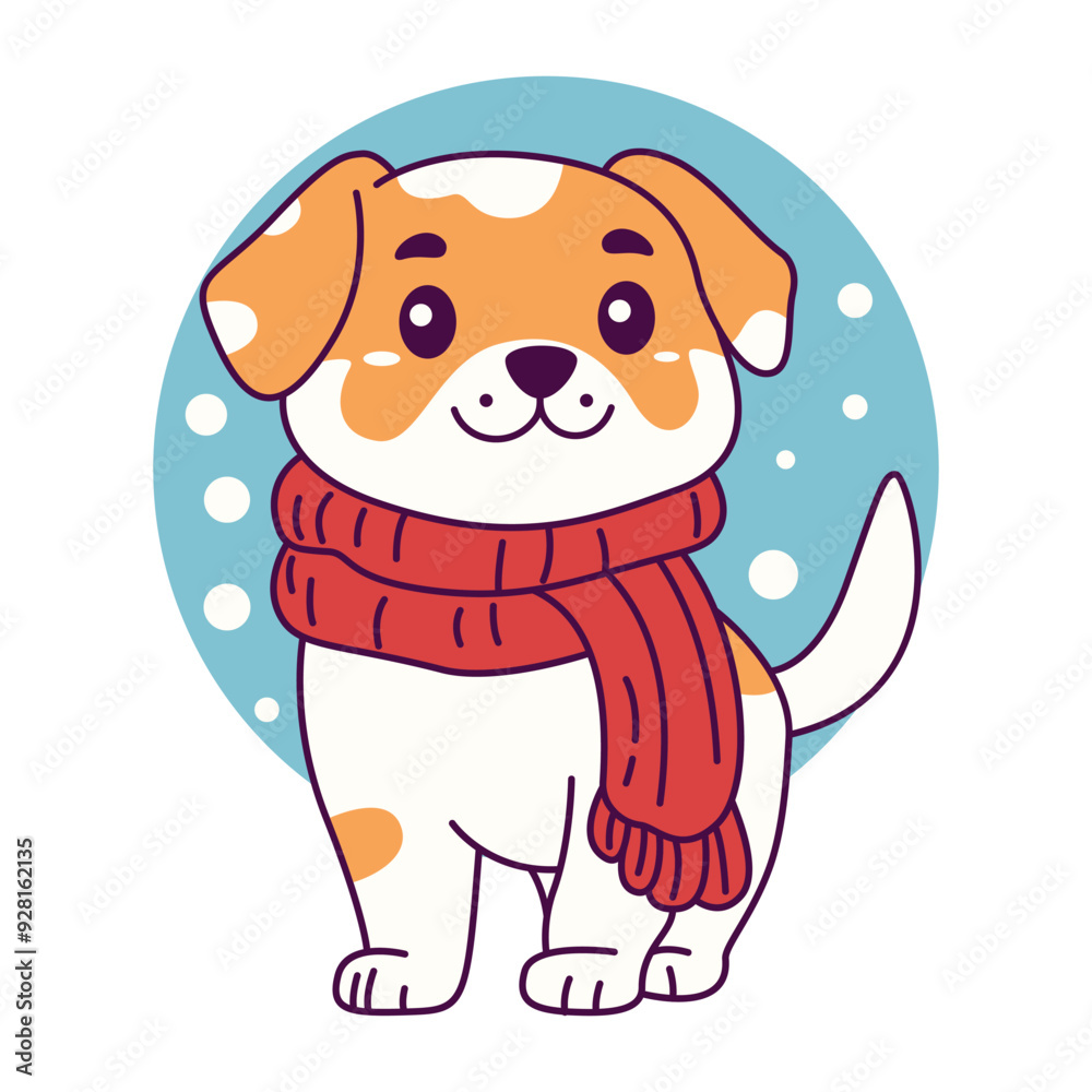 Naklejka premium Cute Puppy Dog Pet Animal Wearing Scarf in Snow Winter Season with Happy Expression