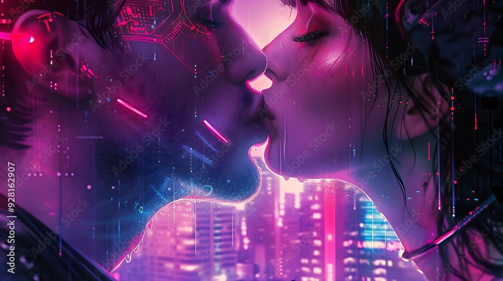 Cyberpunk Love: Futuristic Kiss in Neon-Lit Cityscape