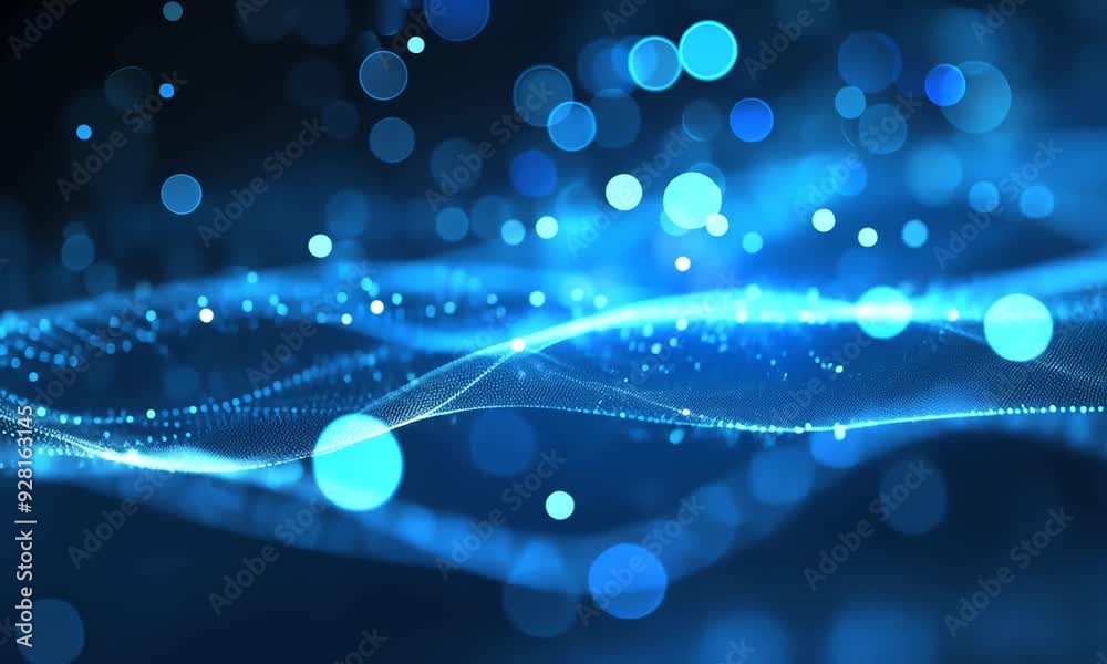 Abstract blue glowing digital background with bokeh effect.