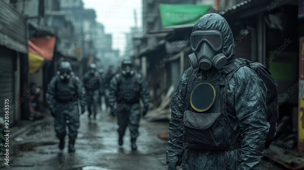 Hazmat-suited personnel patrolling an empty urban street amid a viral outbreak, emphasizing containment, public safety, and disease control measures. Hazmat-suited personnel patrolling an empty urban street amid a viral outbreak, emphasizing containment, public safety, and disease control measures.