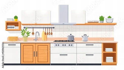 a cartoon kitchen with a stove, sink, cabinets and a potted plant.