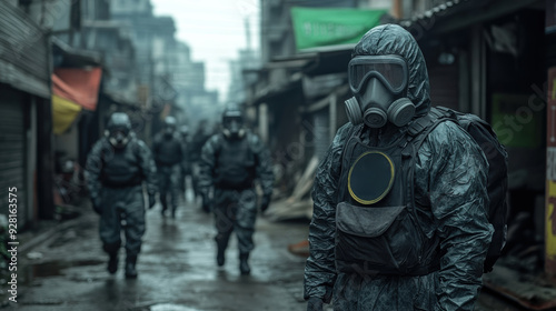 Hazmat-suited personnel patrolling an empty urban street amid a viral outbreak, emphasizing containment, public safety, and disease control measures.