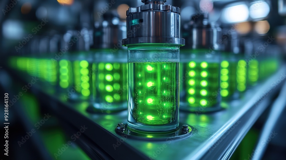 Close-up of a biomethane purification system, green lights indicating renewable energy flow, conversion process concept, clean energy technology. Close-up of a biomethane purification system, green lights indicating renewable energy flow, conversion process concept, clean energy technology.