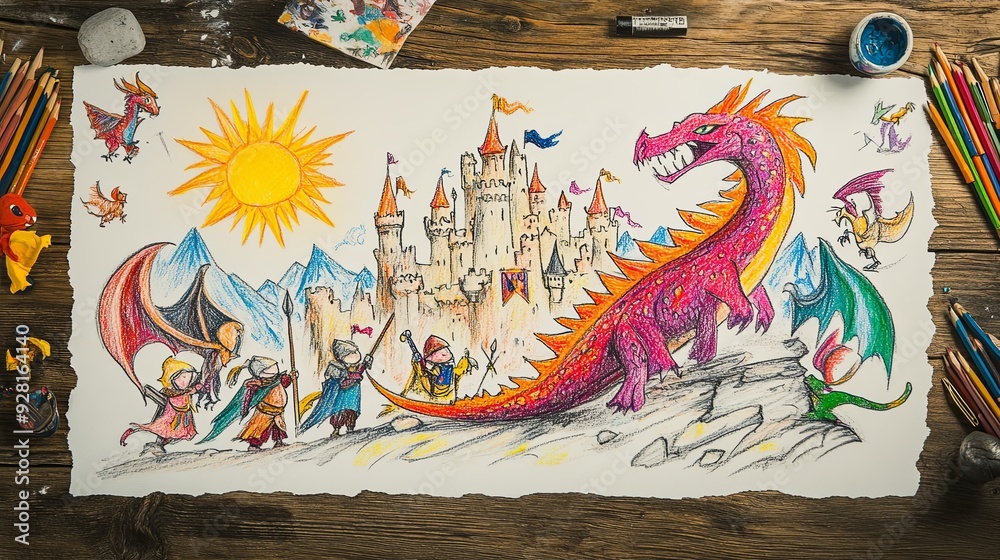 Charming Child's Artwork of Medieval Knights and Dragon in a Castle, Radiant Sun and Wooden Table Setting, Embracing Simplistic Fantasy World Charming Child's Artwork of Medieval Knights and Dragon in a Castle, Radiant Sun and Wooden Table Setting, Embracing Simplistic Fantasy World
