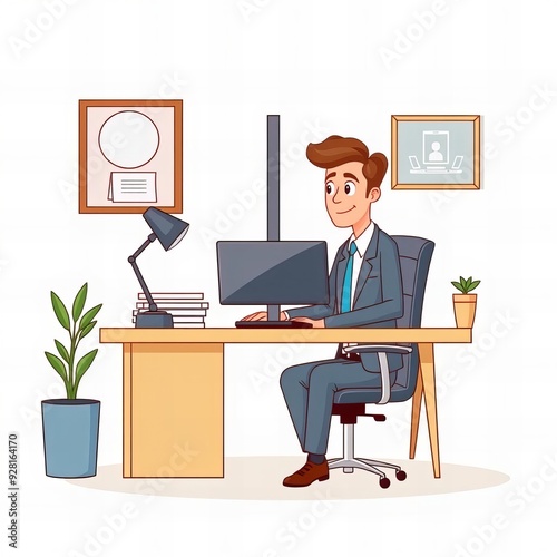 cartoon man in business suit sitting at a desk with a computer.