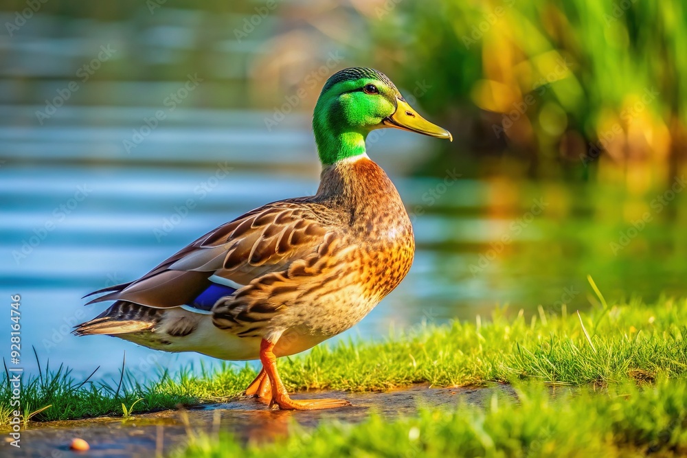 A solitary brown duck with bright green feathers on its head walks alone on a serene lake's grassy shoreline on a sunny afternoon. A solitary brown duck with bright green feathers on its head walks alone on a serene lake's grassy shoreline on a sunny afternoon.