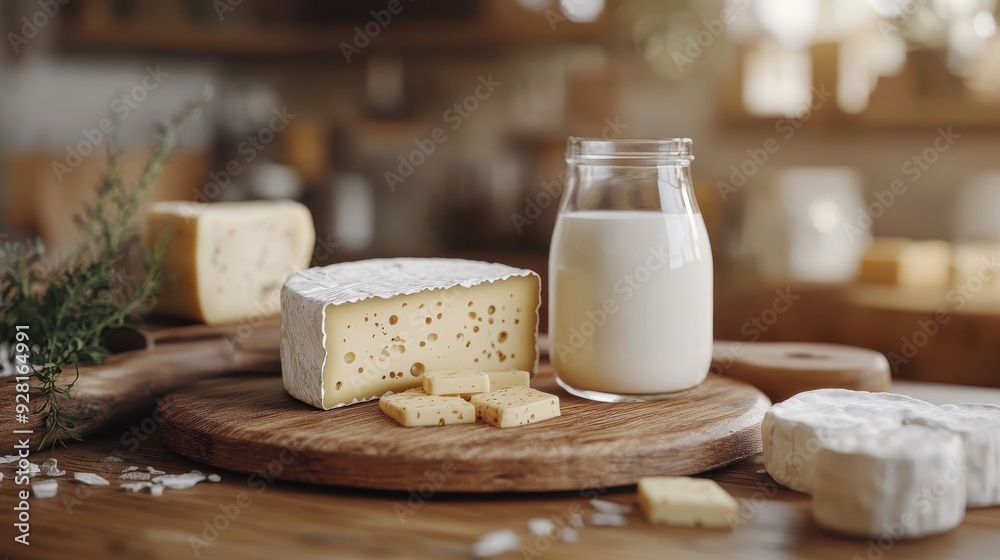 Rustic Cheese and Milk on Wooden Board in Cozy Kitchen Setting with Natural Light Rustic Cheese and Milk on Wooden Board in Cozy Kitchen Setting with Natural Light