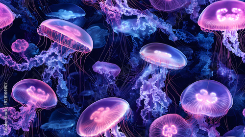 repeating pattern of blacklight jellyfish (seamless, repeatable, tile)