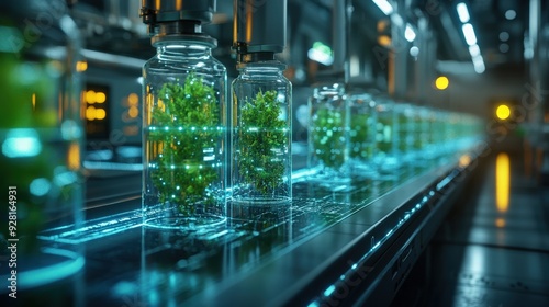 A futuristic lab with biomethane technology experiments, digital green energy data, renewable technology concept, eco-friendly research.