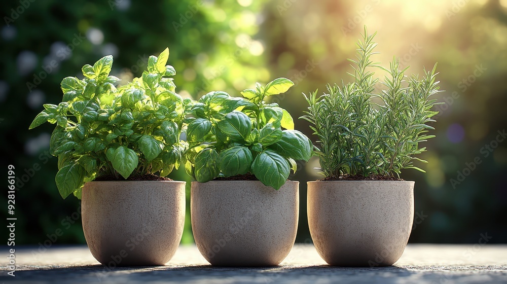 Fresh Green Herb Plants in Pots on a Sunny Day - Basil and Rosemary in Natural Light