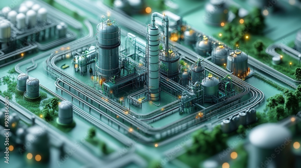 A 3D model of the biomethane conversion process, green energy streams connecting various stages, renewable conversion concept, visual explanation. A 3D model of the biomethane conversion process, green energy streams connecting various stages, renewable conversion concept, visual explanation.