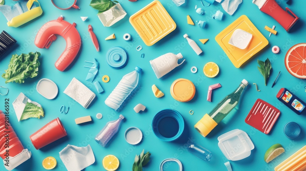 Colorful arrangement of various food items, containers, and kitchen accessories on a vibrant blue background. Colorful arrangement of various food items, containers, and kitchen accessories on a vibrant blue background.