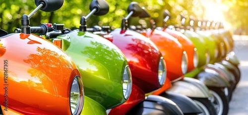 Row of colorful scooters parked in a line, sun shining on their glossy paint. Vibrant and modern transportation. photo