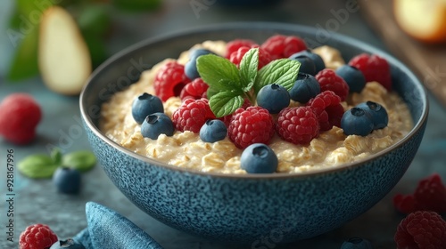 Delicious and Healthy Oatmeal Bowl with Fresh Raspberries and Blueberries for a Nutritious Breakfast