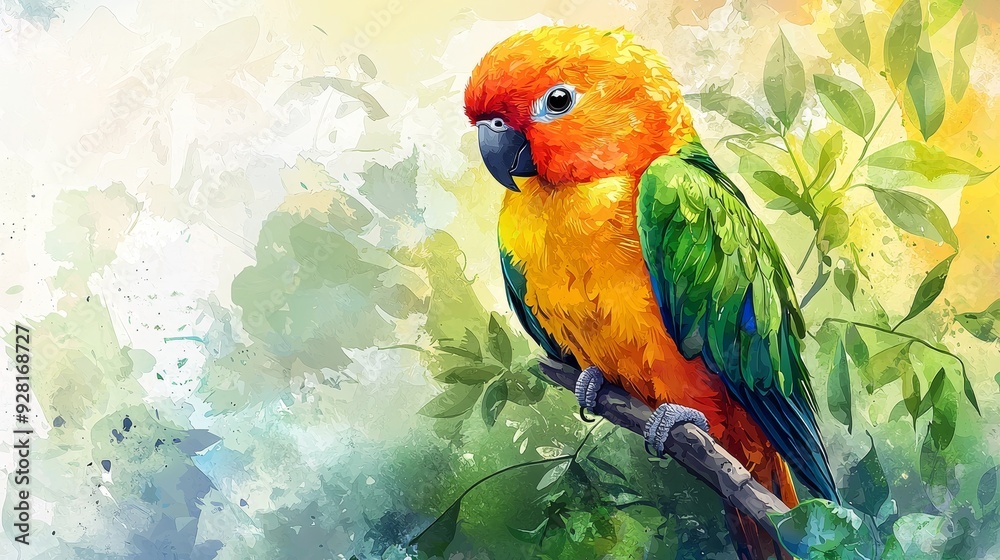 Obraz premium Watercolor parrot with vibrant feathers perched on a branch.