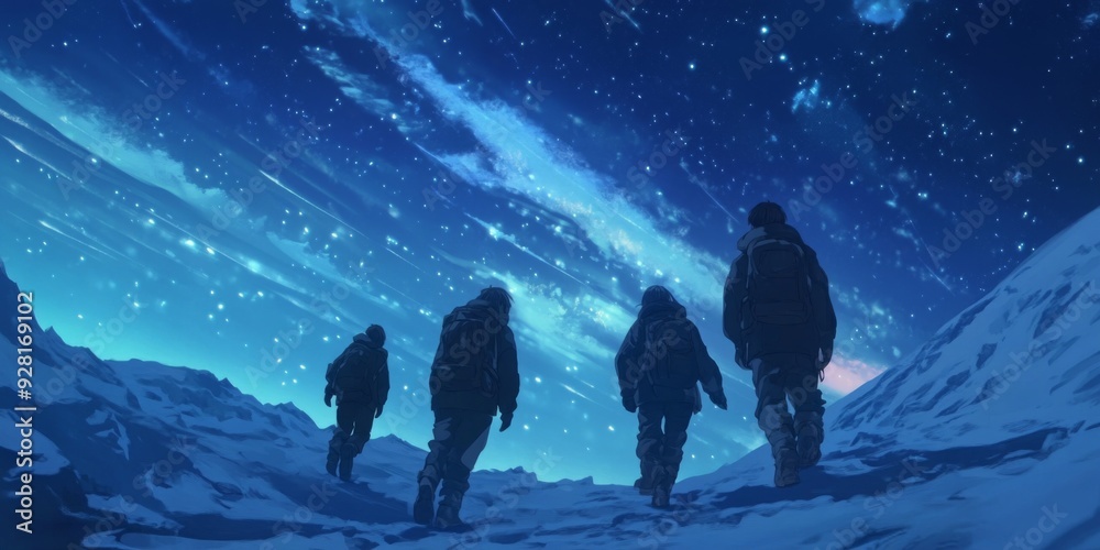 Fototapeta premium Enchanted Anime-Style Winter Adventure: Anime Characters Embark on a Magical Journey to Discover the Legendary Light of the Solstice, Perfect for 2025 Winter Sports Festivities, Christmas, New Year