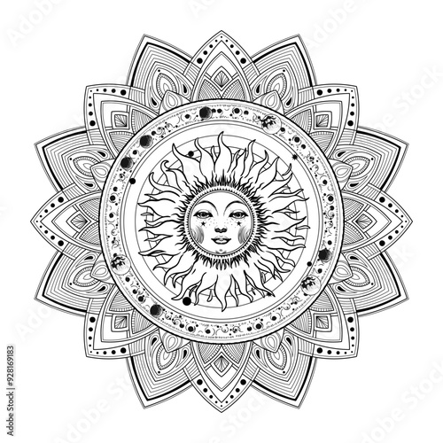 Coloring book mandala with sun, linear drawing for adults, meditation and calm. Vector illustration of the universe, isolated on white background.