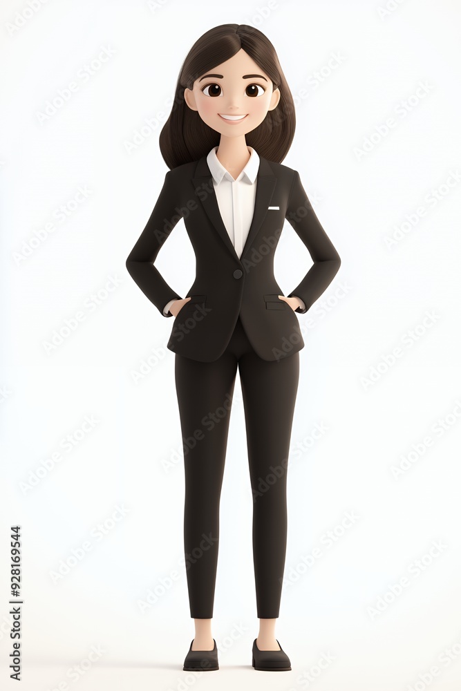 Cartoon woman in a black suit standing confidently with her hands in her pockets and smiling. Cartoon woman in a black suit standing confidently with her hands in her pockets and smiling.