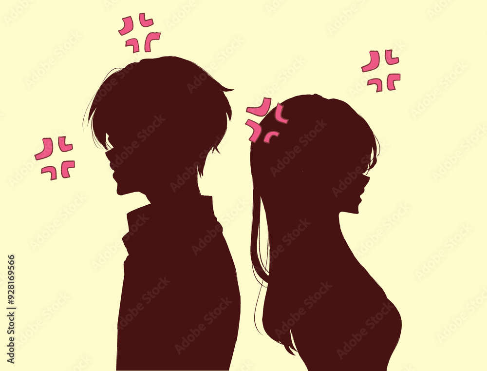 背中合わせの男女 ムカつきマーク 背中合わせの男女 ムカつきマーク