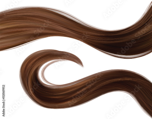 Long brown hair strand lock. Realistic 3d vector illustration set of waved smooth shiny female ponytail for shampoo and conditioner design. Strong healthy brunette curls for care and beauty concept.