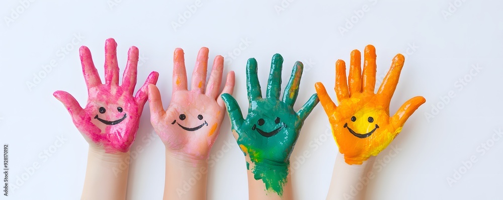 Fototapeta premium Four Painted Hands with Smiling Faces