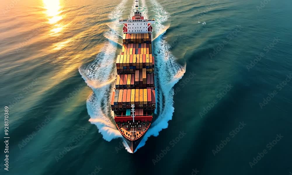 Aerial view of a large container ship sailing through the ocean. Aerial view of a large container ship sailing through the ocean.