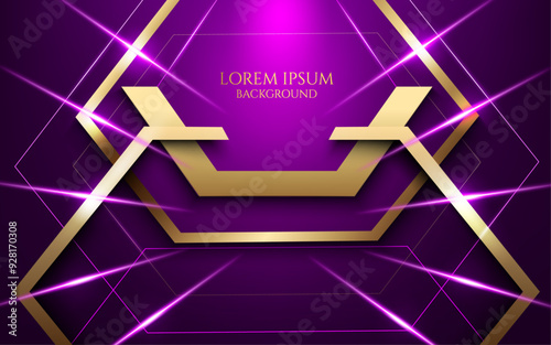 vector illustration golden hexagon metallic lines and laser light lines purple elegant luxury digital geometric modern futuristic background, wallpaper,cover,card and award banner template. 
