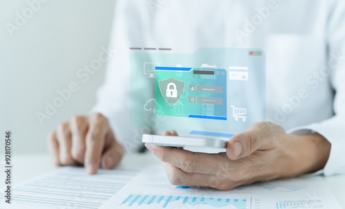 Businessman log in or access by using biometric with user and password. Online verification for personal privacy security protection system. Anti cyberspace malware and hacker concept.
