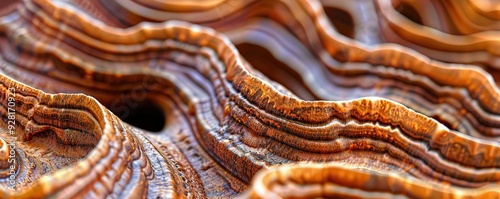 Close up of a textured, abstract, copper colored surface with a series of overlapping, wavy layers. The surface has a rough, textured appearance.