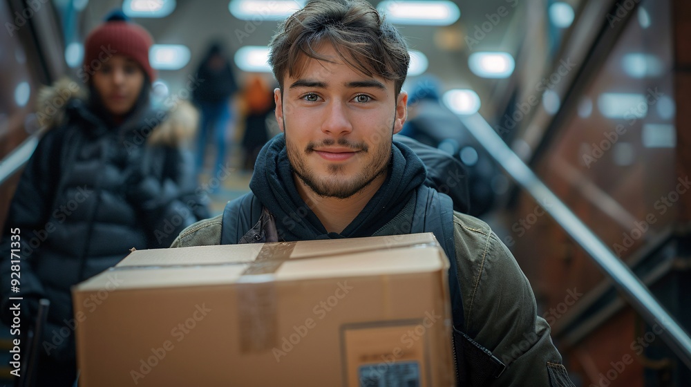 Student carrying a package in a busy environment Student carrying a package in a busy environment