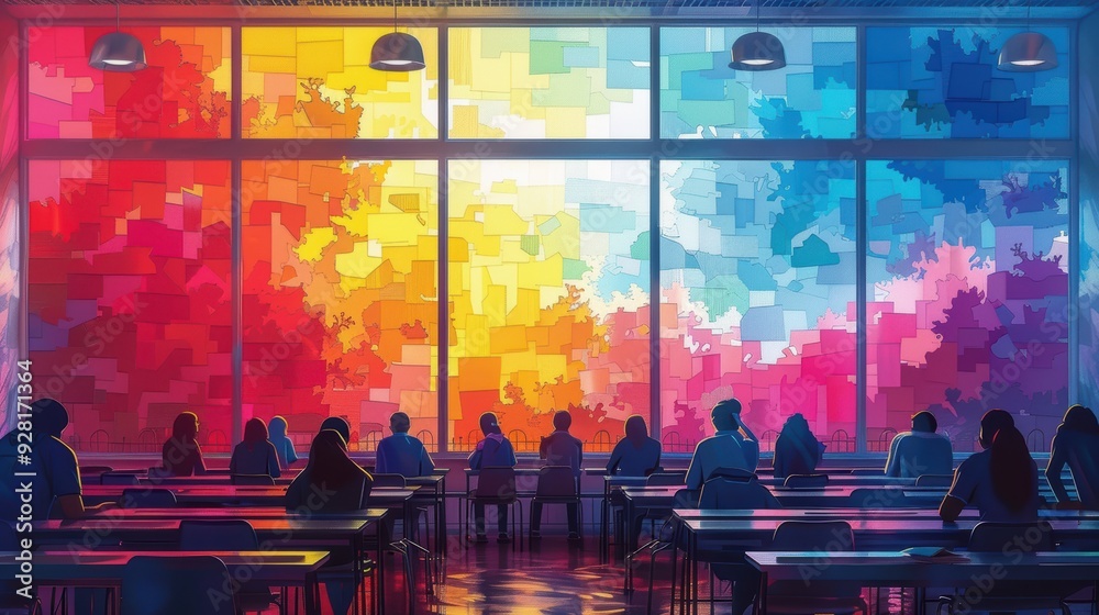 A vibrant papercut illustration showing a diverse group of students sitting at desks and engaging with the classroom environment. A vibrant papercut illustration showing a diverse group of students sitting at desks and engaging with the classroom environment.