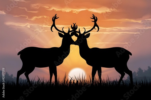 silhouette of deer in sunset in evening deer Couple 